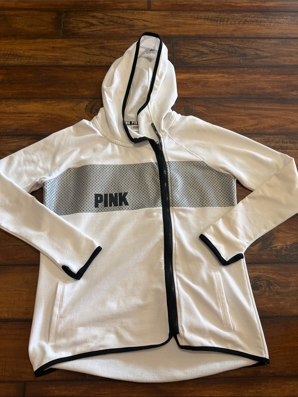 PINK Victoria's Secret White Hooded Jacket with Black Trim and Gray Panel